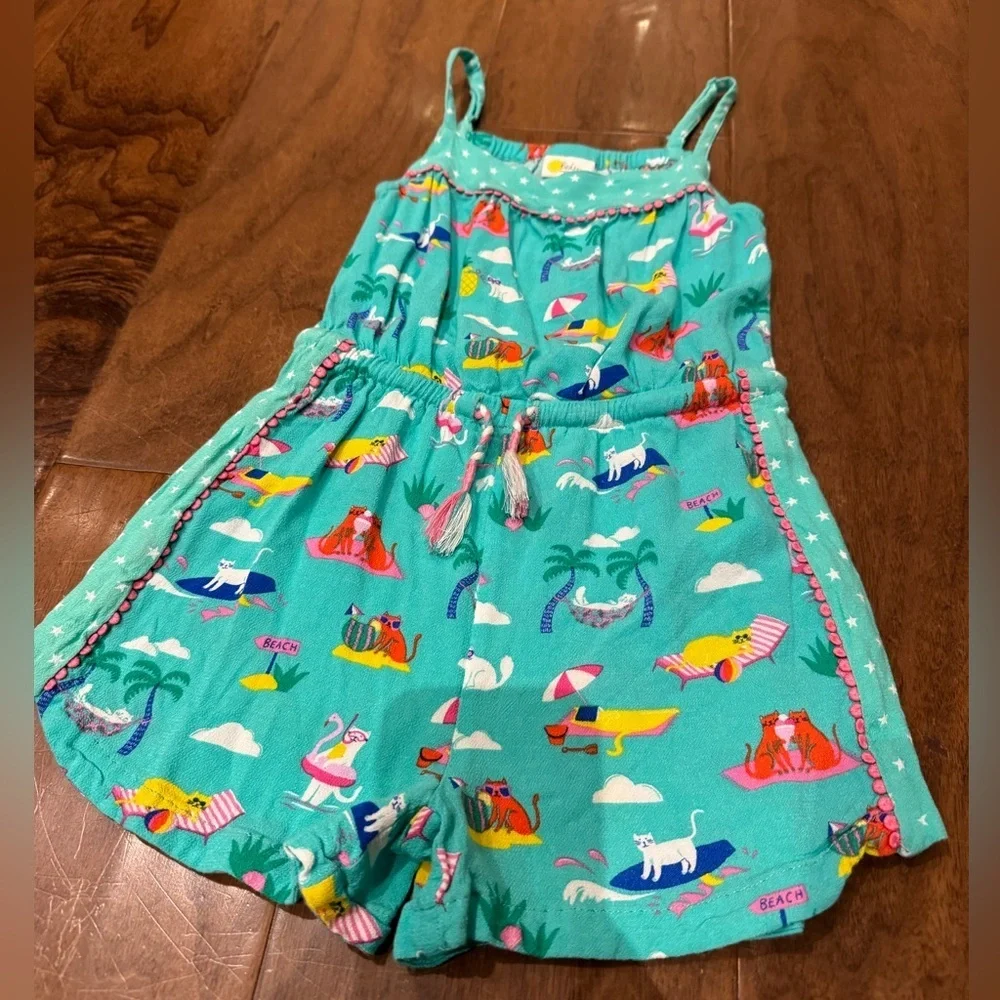 Mini Boden Girls' Turquoise Tassel Tie Printed Romper